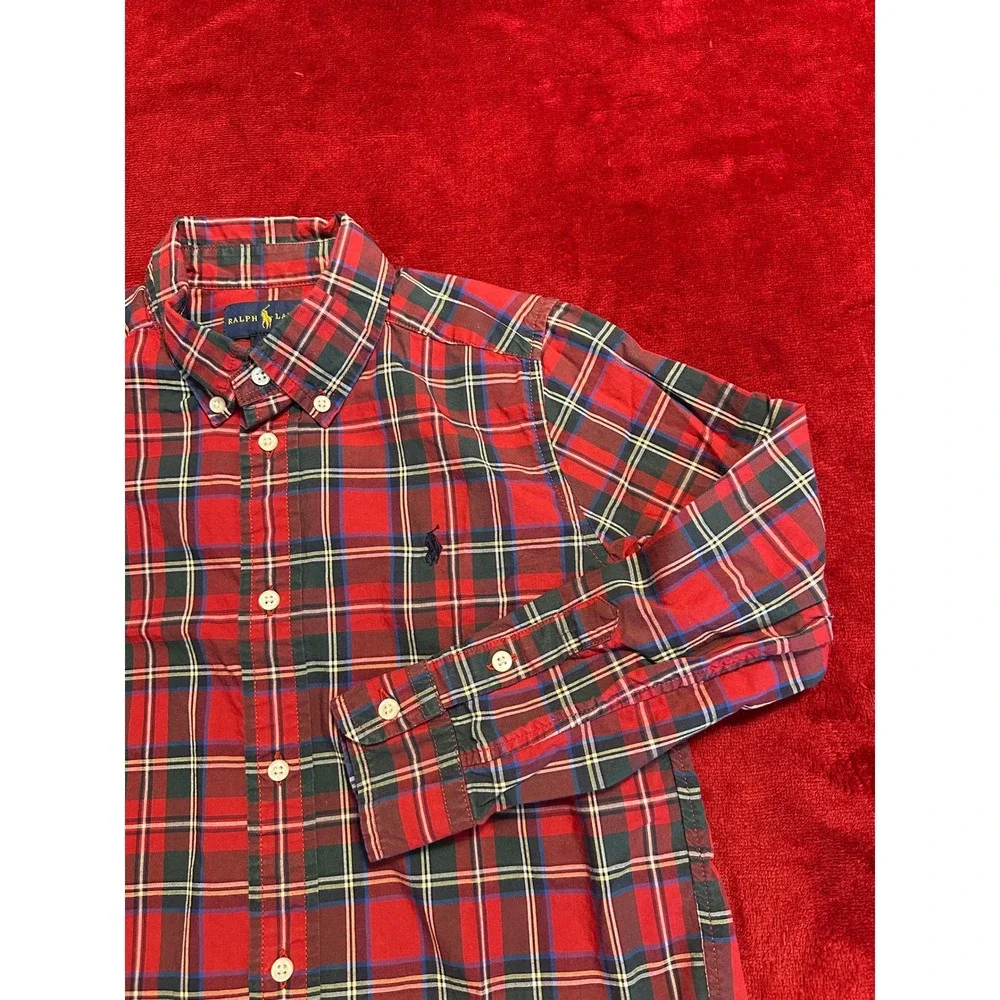Ralph Lauren Boys Red Plaid Button Down Shirt Size 7 Long Sleeve Cotton Pony